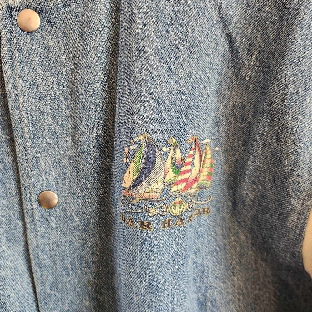 Vintage Varisty Jacket Denim Cotton Maine Blue Cream Large L - Picture 4 of 11